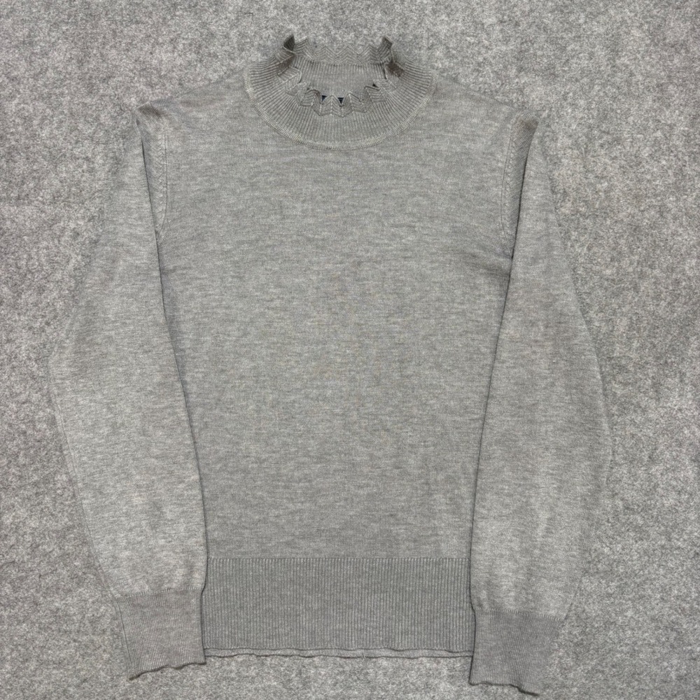 Select + Trend Womens Grey Scalloped Mock Neck Knit Sweater Size M Long Sleeve